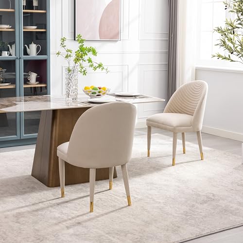 Upholstered Dining Room Chairs Set of 2, Modern Velvet Accent Chairs with Solid Wood Legs, Luxury Tufted Vanity Chairs with Back Leisure Side Chairs for Vanity Kitchen Living Room Bedroom Beige