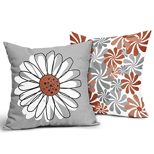 Blue Grey Daisy Pillow Covers 18x18 Set of 2 Teal Navy Blue Grey Colored Outdoor Throw Pillows Modern Floral Decorative Pillowcase Square Cushion Cover Linen Pillow Case for Home Sofa Couch Bed
