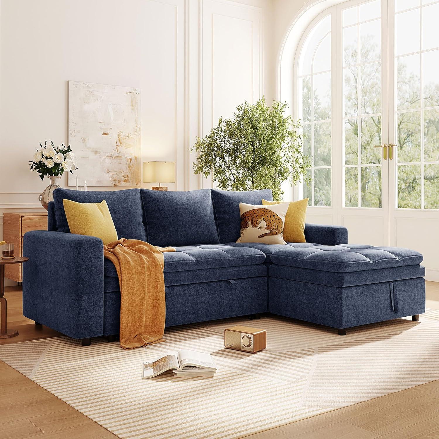 XD Designs Upholstered L-Shaped Sectional Sofa with Storage Chaise Longue, Convertible Sleeper Combo Couch, Pull Out Sofa Bed for Living Rooms Apartments (Blue-3)