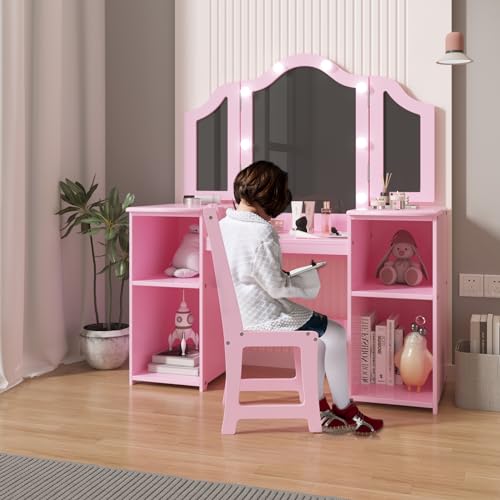 GAOMON Kids Vanity Table - Princess Dressing Table with Touch Light, Detachable Tri-Folding Mirror, Open Storage Shelves, Princess Wood Makeup Playset with Chair for Girls Toddlers