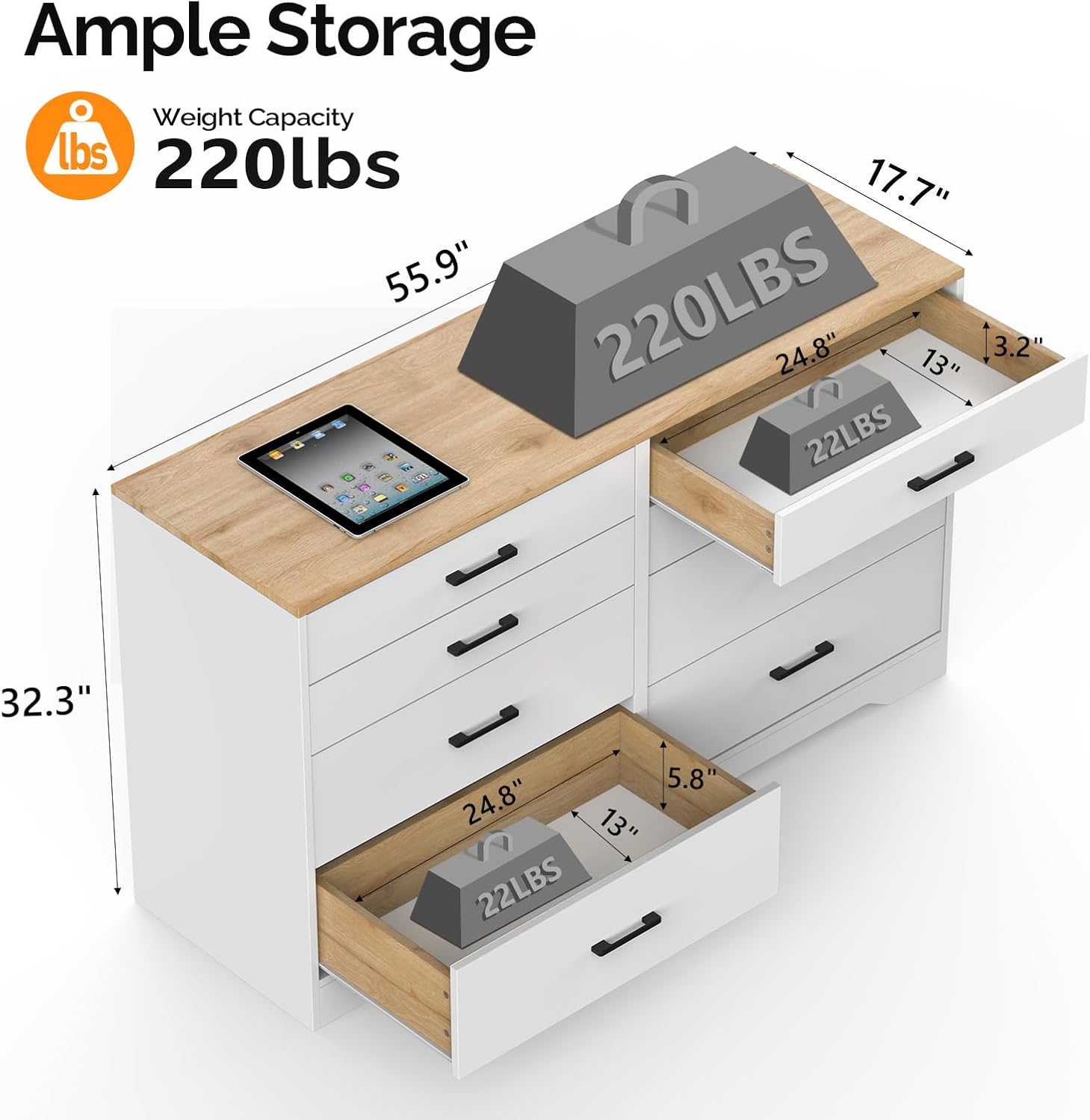 VINGLI White Dresser for Bedroom, Chest of Drawers, 8 Drawer Wood Dresser, Storage Cabinet, Long Dresser, Modern Dresser, Kids/Baby Dresser for Nursery