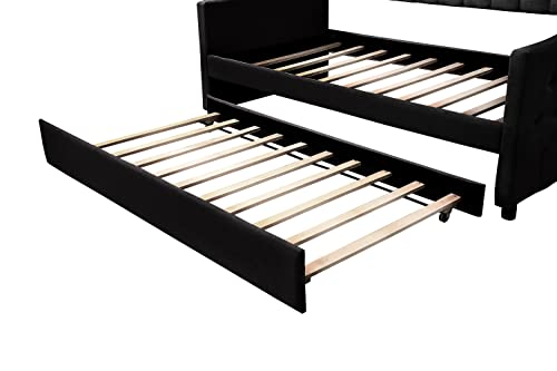 Flieks Twin Upholstered Daybed, Linen Fabric Upholstered Tufted Sofa Bed with Trundle, Sofa Bed Trundle Daybed with Wood Frame, Beige