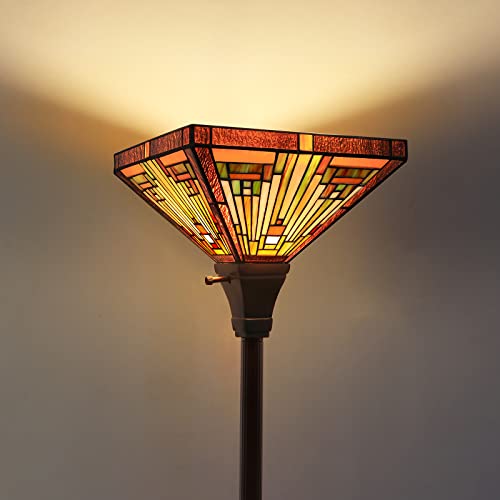 Capulina Tiffany Torchiere Floor Lamp, 70 Inches Tall Industrial Blackish Bronze Pole Amber Brown Antique Style Stained Glass Torch Standing Light for Living Room Bedroom Home Office