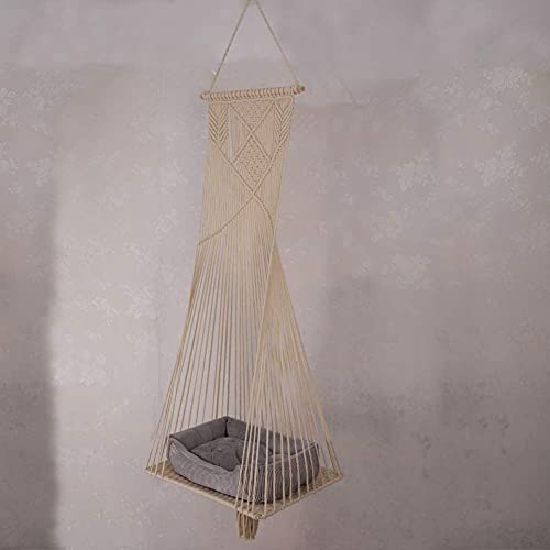 Cat Bed Cat Hammock Macrame Cat Swing Bed Cat Cage Cotton Rope Hanging Cat House Cats Toy Tassel Basket Tapestry (white)