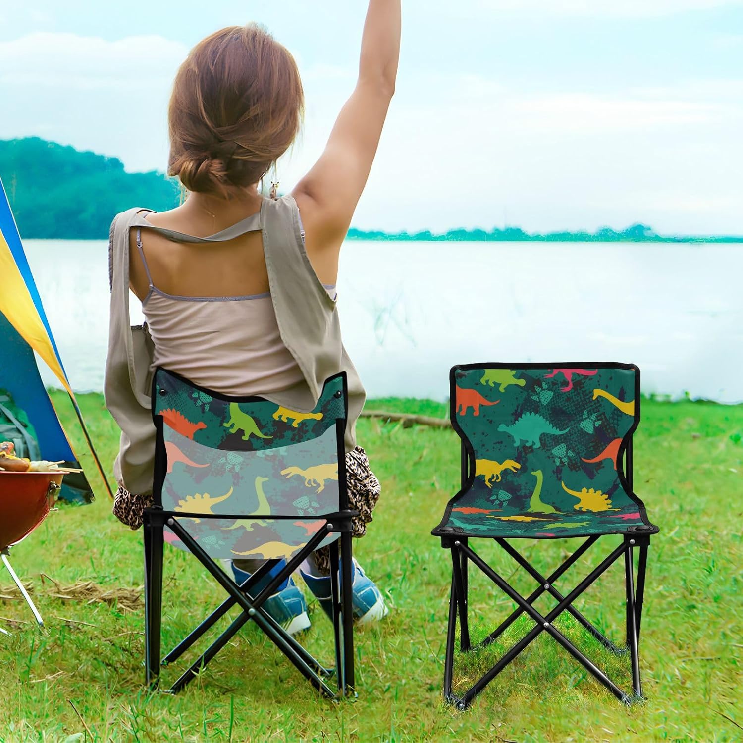 Portable Ultralight Camp Chair Cute Girls Boys Dinos Green Ultralight Foldable Chairs Indoor with Carrying Bag Fishing Chair for Indoor Ice Fishing