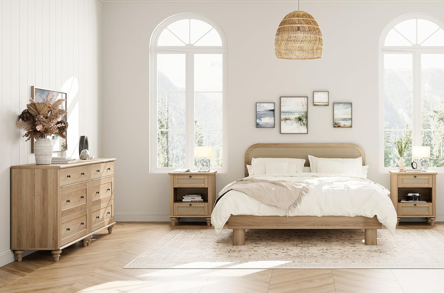 WAMPAT 4 Piece Dresser and Nightstand Sets - includes Two Farmhouse 3 Drawer Dressers for Bedroom, Set of 2 Side Tables Bedside Table with Charging Station, 4 Piece Bedroom Set, Oak