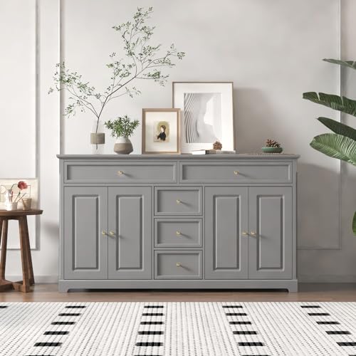 FAMAPY Sideboard Credenza with 5 Drawers, Sideboard Buffet Cabinet with 4 Doors, White Buffet Cabinet with Gold Knobs, Home Bar Cabinet, for Living Room Kitchen Hallway, 15.7”D x 59.1”W x 33.5”H