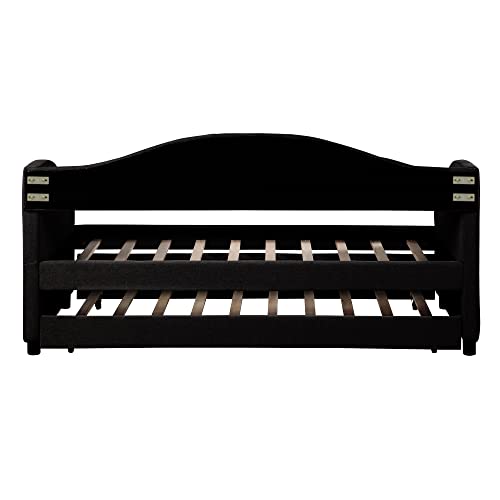 Flieks Twin Upholstered Daybed, Linen Fabric Upholstered Tufted Sofa Bed with Trundle, Sofa Bed Trundle Daybed with Wood Frame, Beige