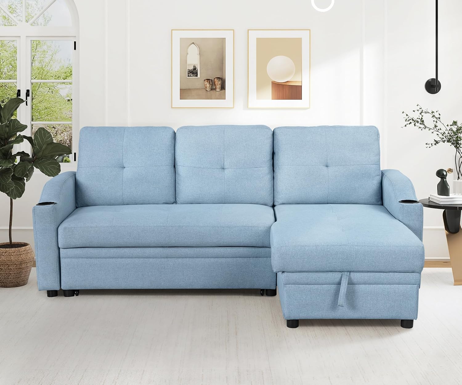 80.3'' L-Shape Convertible Sleeper Sectional Sofa with Storage Chaise and Pull-Out Bed, Linen Upholstered Reversible Corner Couch w/Tufted Cushions &Cup Holder, for Living Room Office Apartment