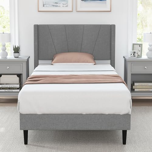 Giantex Twin Bed Frames for Kids, Modern Linen Upholstered Platform Bed with Wingback Headboard, Wooden Slats Support, No Box Spring Needed, Twin Beds for Girls Boys, Grey