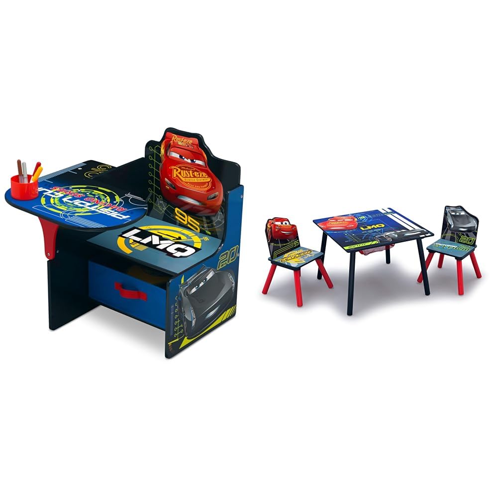 Delta Children Chair Desk with Storage Bin, School, Disney/Pixar Cars, Arm Rest|Cushion Availability, Plastic & Kids Table and Chair Set with Storage (2 Chairs Included) - Ideal for Arts & Crafts