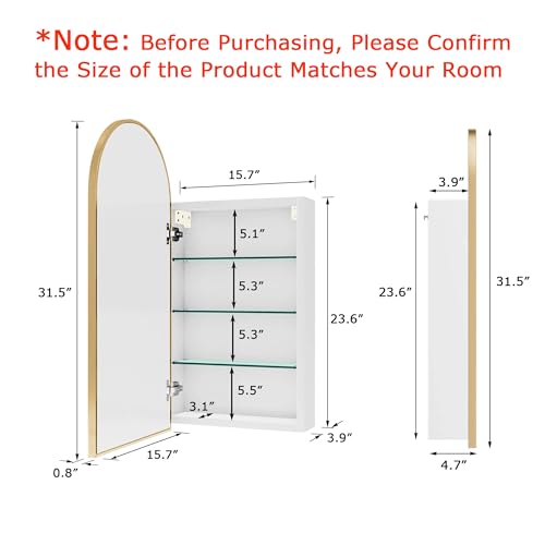 FKWin Arched Medicine Cabinet with Mirror, Aluminum Alloy Brushed Frame Bathroom Mirror with Storage, 3 Adjustable Shelves Vanity Mirror, Surface Wall Mounted, Not Recessed, 16x31 inch(Silver)