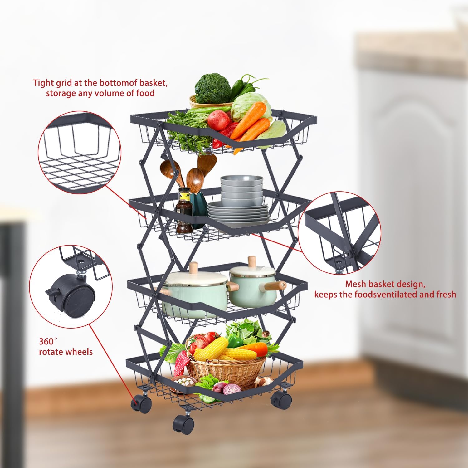 4 Tier Fruit Basket for Kitchen Stackable Metal Wire Fruit Vegetable Basket with Wheels Narrow Corner Rolling Utility Cart for Kitchen, Pantry, Bathrooms, Garage
