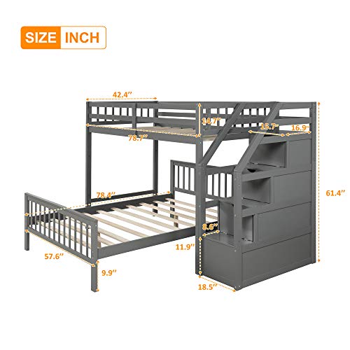 Harper & Bright Designs Twin Over Full Loft Bed, Loft Bunk Bed Frame with 3 Storage, Guardrail and Ladder, Can be Separated into 2 Beds, No Box Springs Required (White)