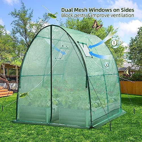 Ohuhu Portable Tunnel Greenhouse Outdoor: Heavy Duty Small Walk in Green House with Mesh Windows, Reinforced Metal Base Durable Plastic PE Cover for Outside, Free Tool to Install, 5.9x5.9x6.6 FT