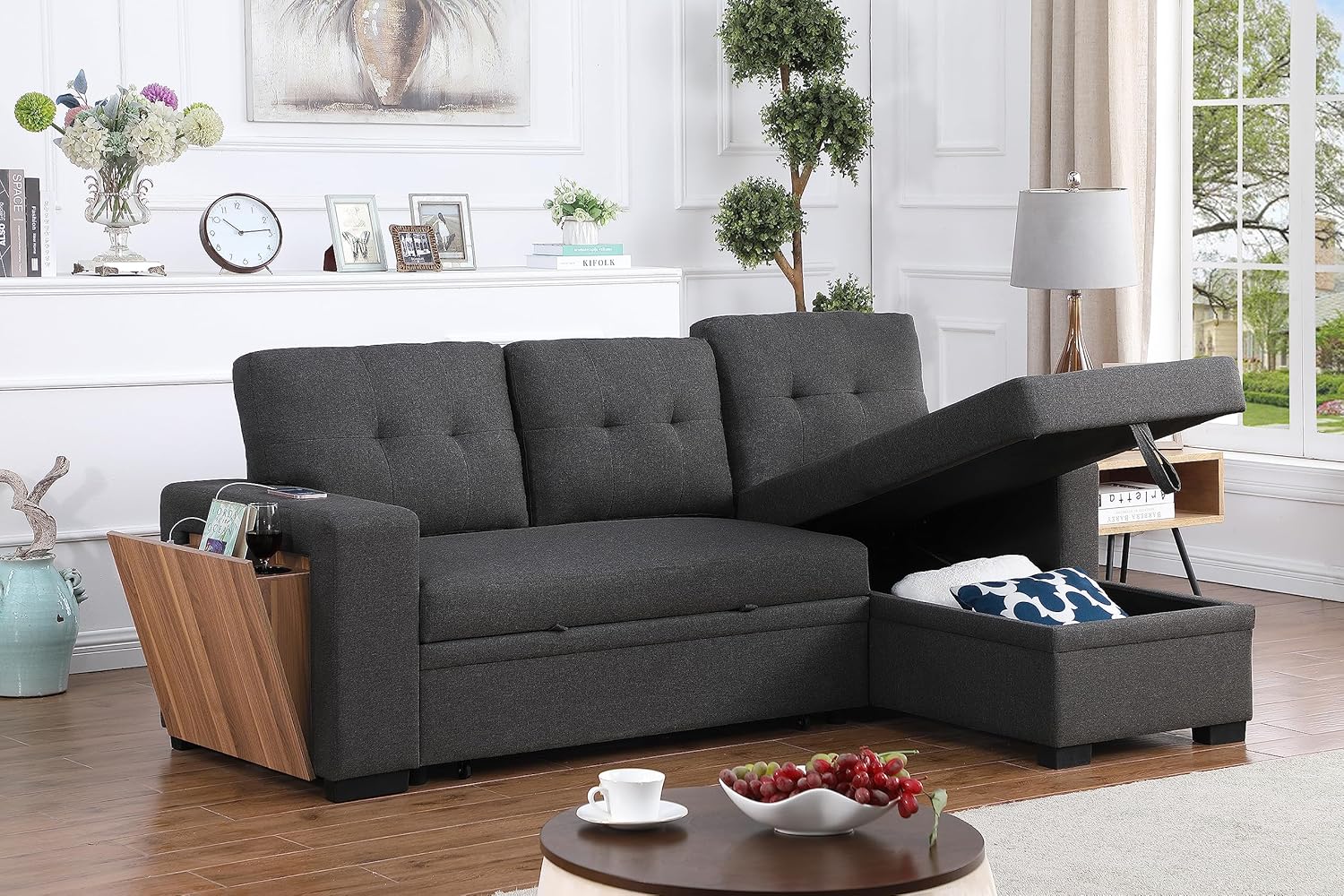 L-Shaped Sectional Sleeper Sofa with Reversible Storage Chaise, Hidden Compartment, Cup Holder, USB Port, and Pull-Out Bed, Upholstered Corner Couch for Living Room, Dark Gray