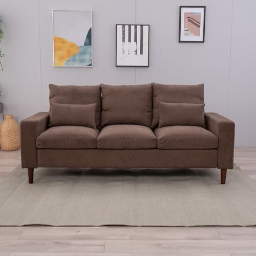 Panana 3 Seater Sectional Upholstered Fabric Sofa 76.5 Couch for Compact Living Room with Wood Legs, Free 2 Small Cushions,Brown 3 Seater