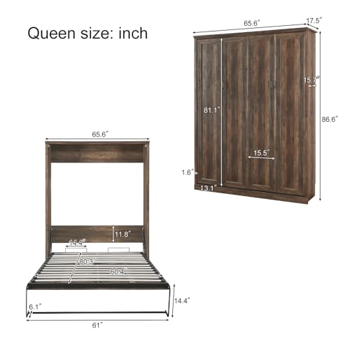 Wood Murphy Bed Cabinet Space-Saving Wall Bed Perfect for Apartments and Home Office (Murphy Bed,Full,Brown)