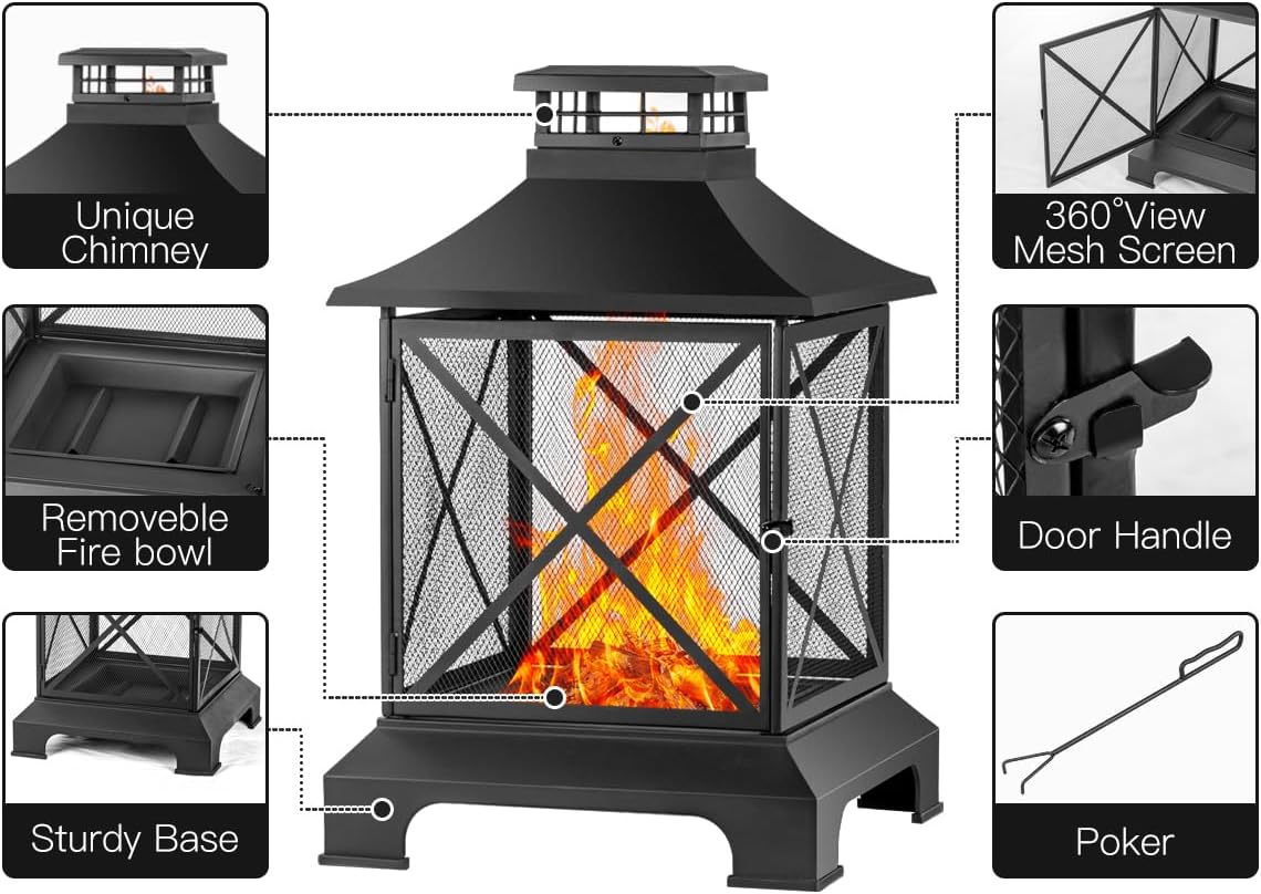 24” Square Fire pit, Outdoor Wood Burning Fire Pit & Metal Chiminea Fireplaces with Spark Screen Doors for Outside Patio Garden Backyard Bonfire Party