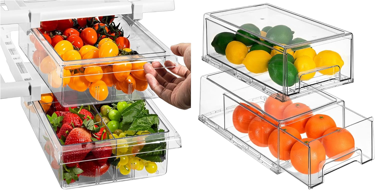 Sorbus Kitchen Organization Bundle - Includes 2 Pull Out Fridge Drawers & 2 Medium Pull Out Stackable Fridge Bins