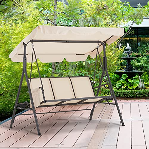 HABUTWAY Outdoor Patio Swing with Canopy,Porch Swing with Stand 3 Person,Heavy Duty Outdoor Swing Chair,Textilene Fabric,Steel Frame,Storage Pocket,Utility Tray,Brown