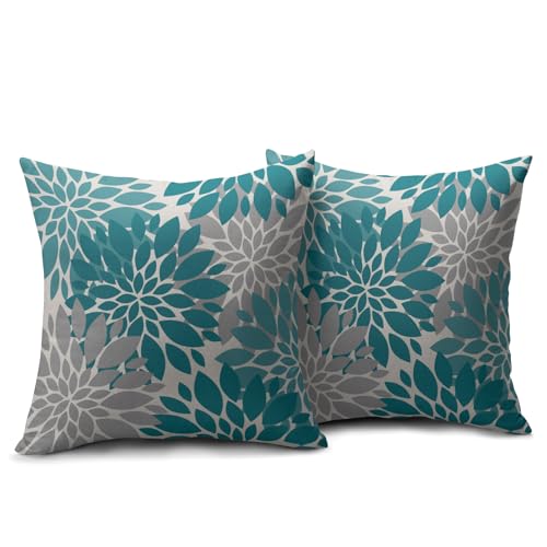 Navy Blue Green Pillow Covers 18x18 Set of 2 Dahlia Modern Geometry Flower Decorative Throw Pillows Outdoor Summer Floral Farmhouse Pillowcases Linen Cushion Case Decor for Home Sofa Couch Bed