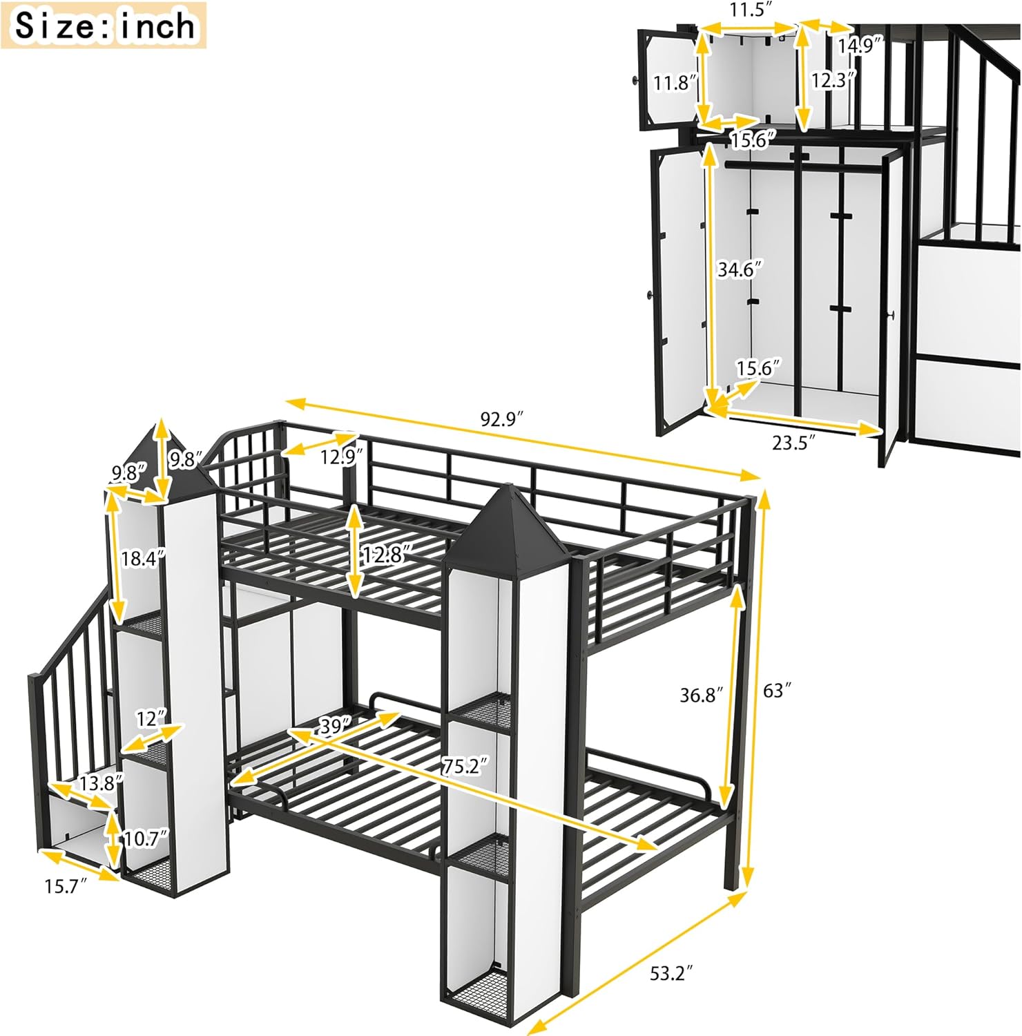 Twin Over Twin Castle Bunk Bed with Stairs, Wardrobe and Multiple Storage, Metal Bunkbeds with Staircase and Shelves, for Kids Teens Bedroom, Black+White