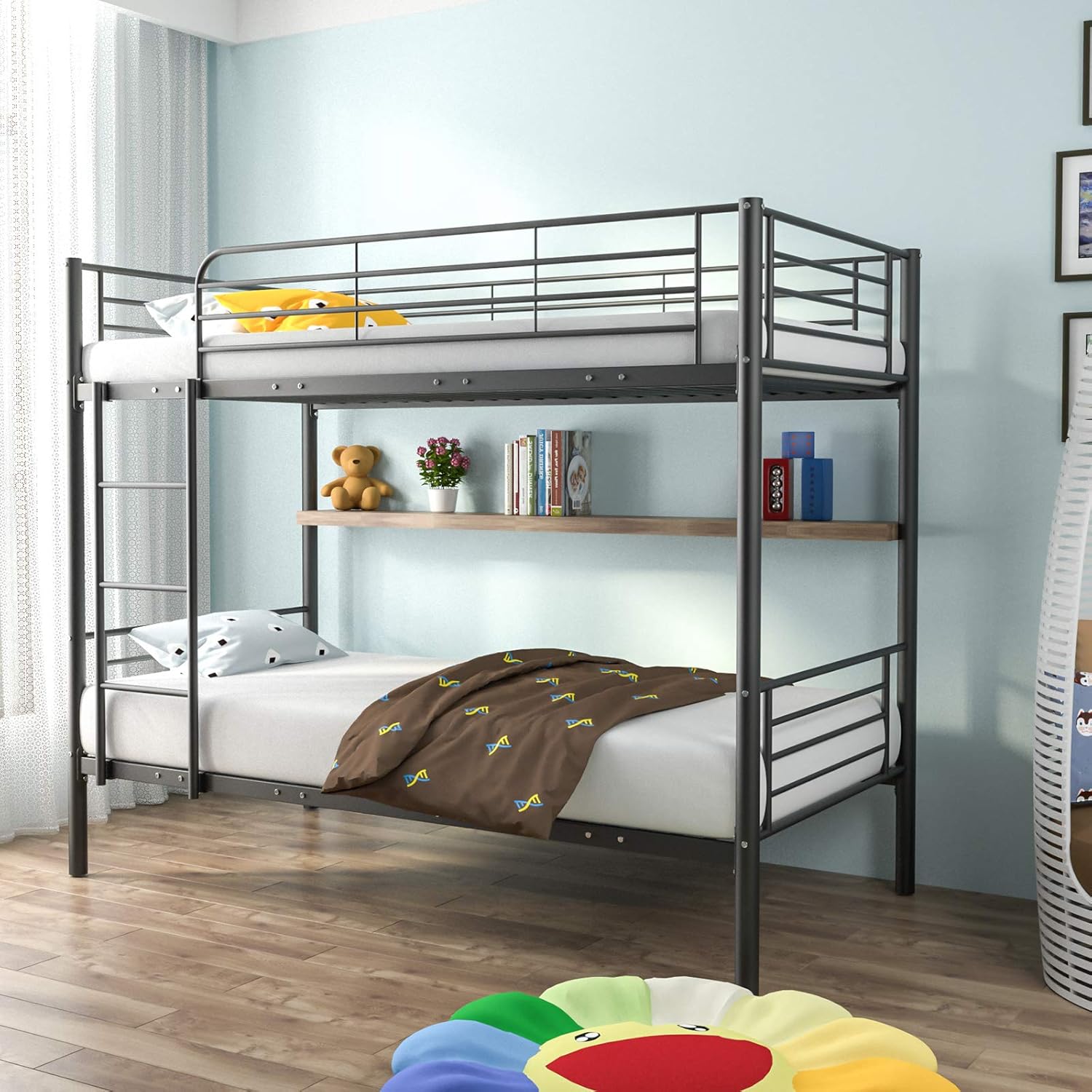 Metal Bunk Bed Twin Over Twin - Easy Assembly - with Removable Ladder - for Children/Teens/Adults,Black
