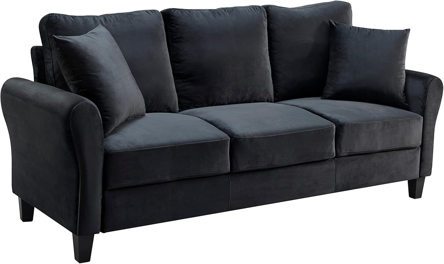 Modern Velvet Couch with 2 Pillow, 78 Inch Width Living Room Furniture, 3 Seater Sofa with Plastic Legs (Black)