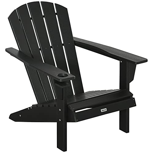 Outsunny Adirondack Chair with Cup Holder, All Weather Patio Chair HDPE Lounger, Fire Pit Seating High Back and Wide Seat for Outdoor, Backyard, Garden, Deck, Lawn, Black