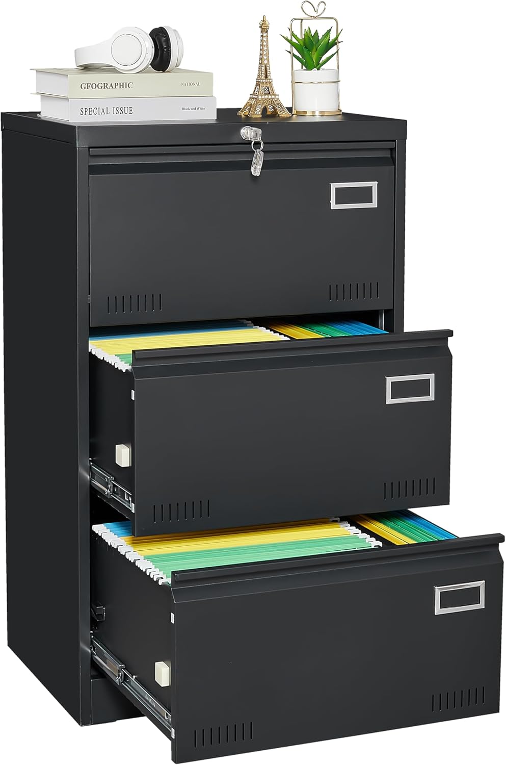 3 Drawer Lateral File Cabinet with Lock for Home Office Metal Filing Cabinet with Adjustable Hanging Rod Horizontal Filing Organization Storage Cabinet for Letter/Legal/A4/F4 Size Black