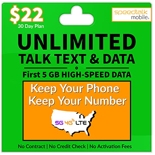 SpeedTalk Mobile Cellular Prepaid Plan for Smart Phones & Cellphones - Unlimited Talk & Text + 500 MB Data - 5G/4G/LTE Nationwide Coverage - 30 Day Service - Universal SIM Card Included