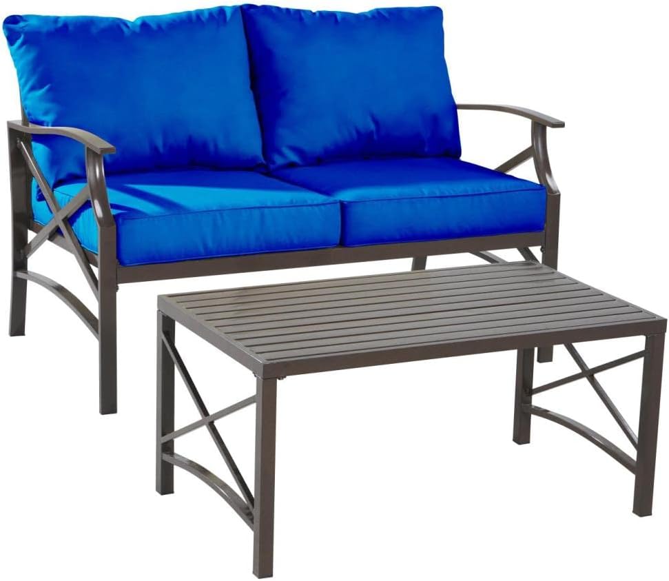 Luxi Metal 2-Piece Set Loveseat with Coffee Table in Dark Brown/Blue
