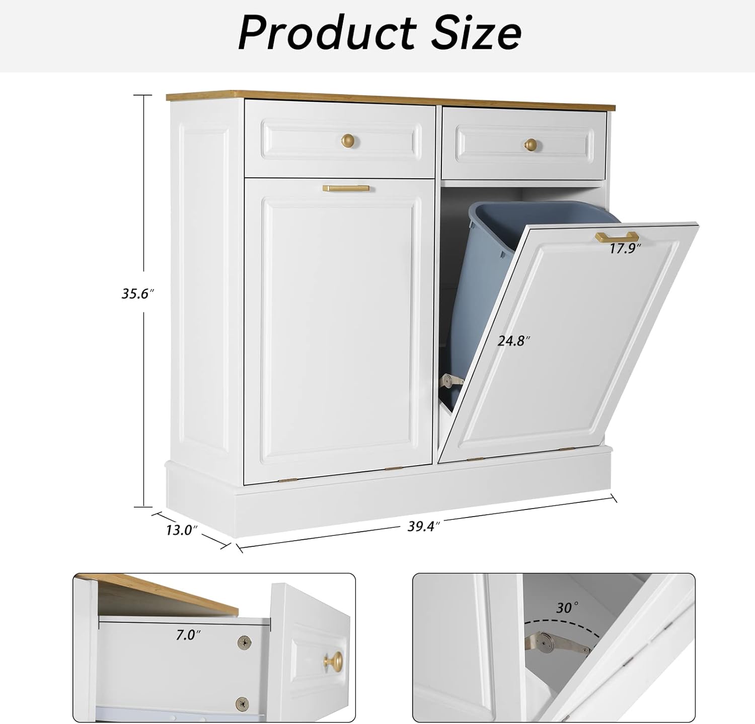 UEV Double Kitchen Trash Cabinets,Two Tilt Out Trash Cabinets with Solid Hideaway Drawers,Free Standing Wooden Kitchen Trash Can Recycling Cabinet Trash Can Holder (White)