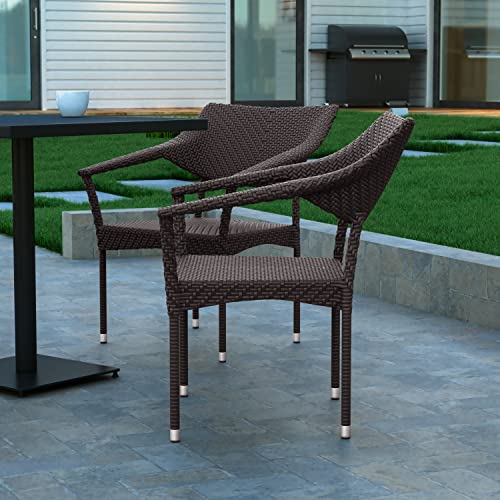 EMMA + OLIVER Shasta Patio Dining Chair - PE Rattan with Reinforced Steel Frame - All Weather Materials - No Assembly Required - Set of 2 - Espresso