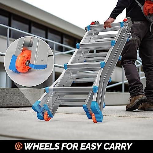 LUISLADDERS Ladder, A Frame 4 Step Ladder Telescoping Ladder, 17 Ft Reach Height Muti Position Folding Ladder Flared Leg & Wheels Design, 330 lbs Capacity Extension Ladder for Household Outdoor Work