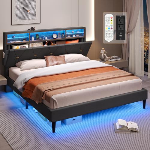 LED Full Bed Frame with Charging Station, Full Size Bed Frame with Storage Headboard, Modern Upholstered Platform Bed with Shelf Headboard, Noise-Free, Dark Grey