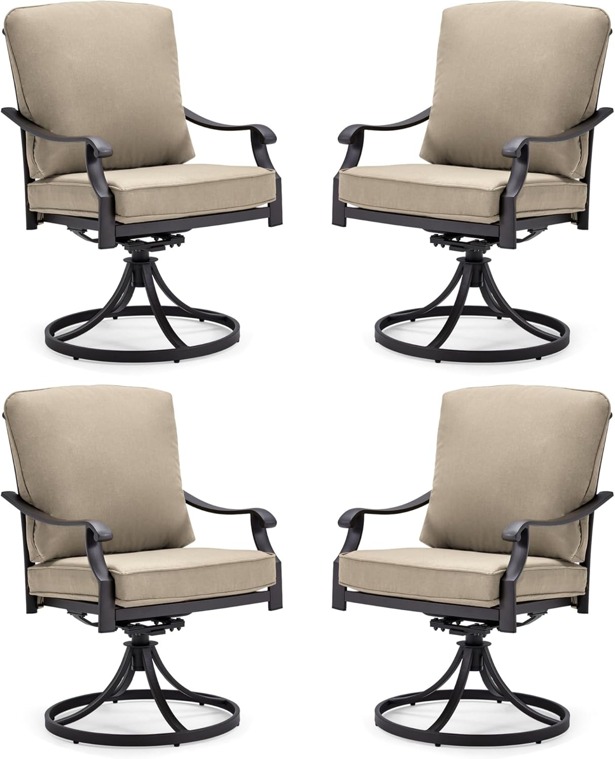 EROMMY Patio Swivel Chair Set of 4, Heavy Duty Outdoor Dining Chairs with Thickened Cushions, Metal Patio Chairs Gentle Rocker for Outside, Garden Lawn & Porch, Backyard, Khaki