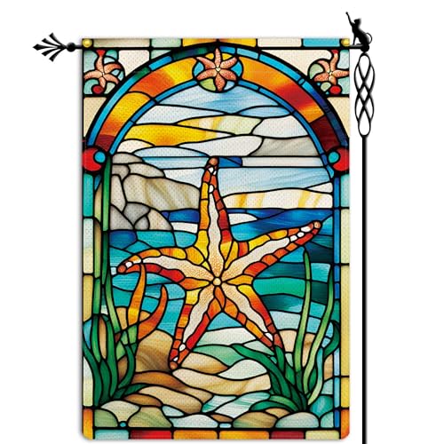 Welcome Summer Garden Flag Spring Summer Flamingo Garden Flag Stained Glass Style Vertical Double Sided Rustic Farmland Burlap Yard Lawn Outdoor Decor 12.5x18