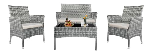 PatLoom 4-Piece Outdoor Furniture Set,Dark Grey Rattan Wicker Patio Sofa,Elegant Patio Conversation Set with Glass Top Coffee Table for Garden, Backyard, Poolside, Balcony (Grey)