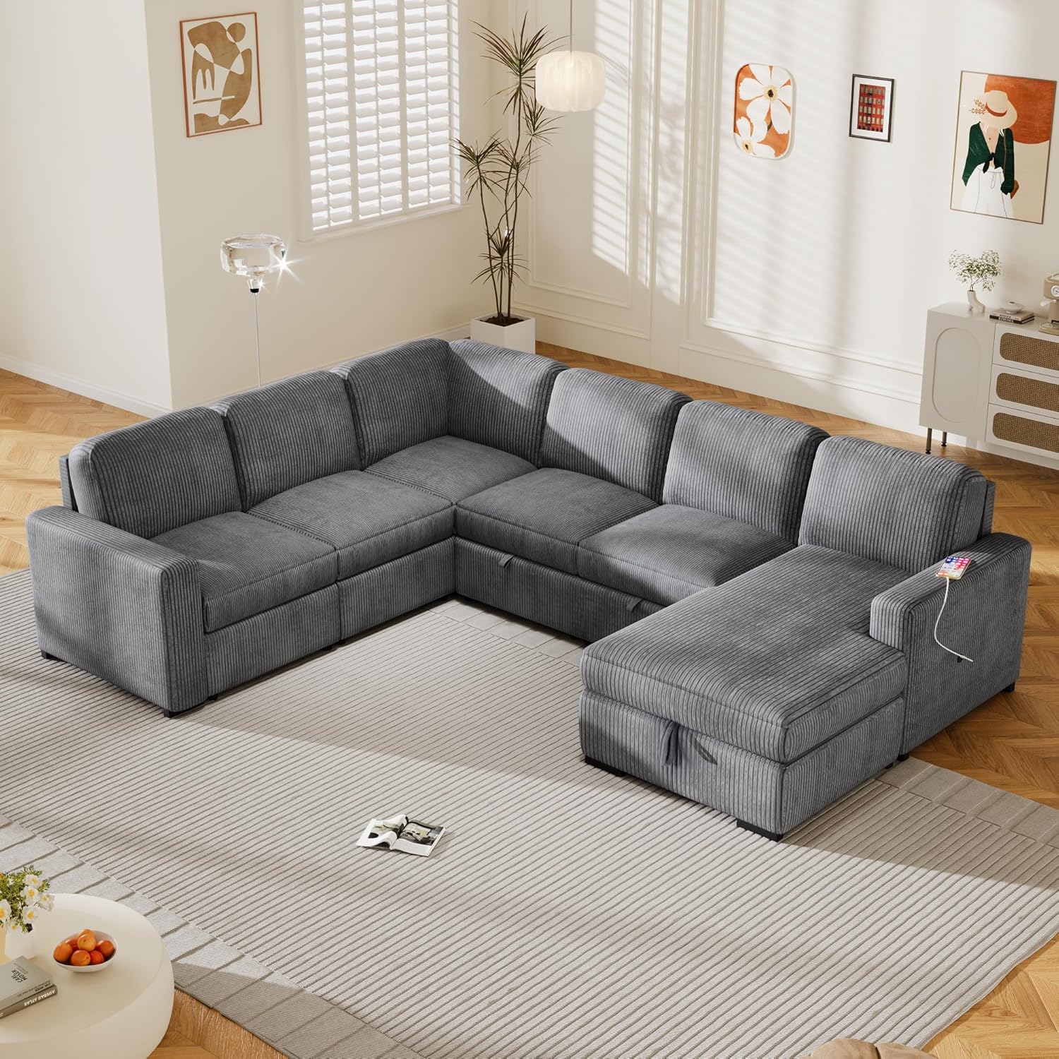 U_Style U-Shaped Corduroy Combination Corner Sofa with Storage Lounge Chair, 6-Seater Oversized Sofa, with USB interfaces,Suitable for Living Room, Office, and Spacious Space