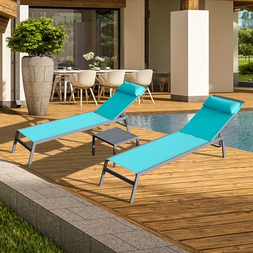 Domi Patio 3 Pieces Aluminum Textilene Chaise Lounge Set with Side Table Outdoor, Adjustable Back and Pillow for Yard Garden Sunbathing for All Seasons, Lake Blue