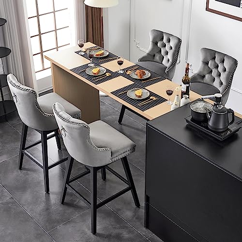 Counter Height Bar Stools, 360 Swivel Bar Stools with Backs, Premium Velvet Fabric Upholstered Counter Height Chairs, Solid Wood Legs, (Beige, 30