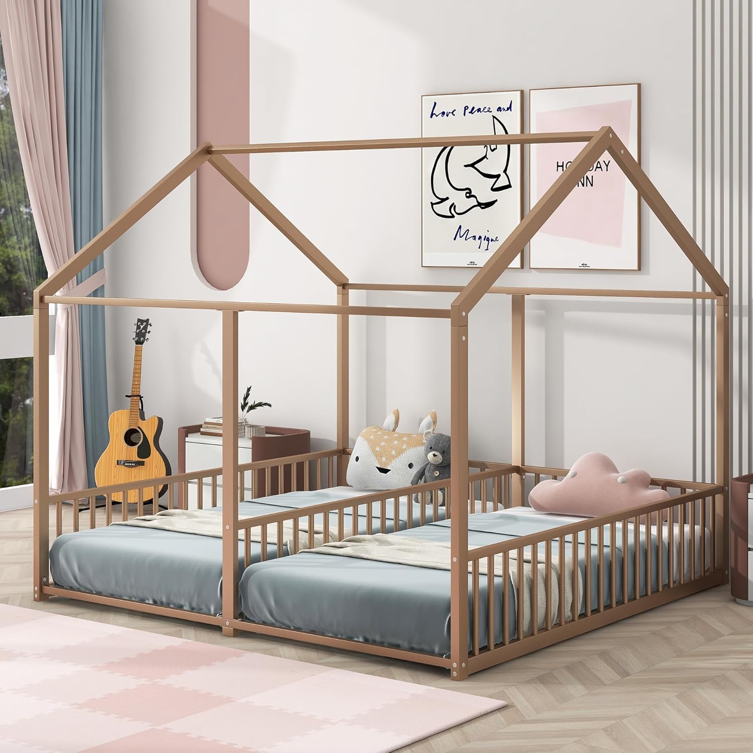 Harper & Bright Designs Twin House Bed for 2 Kids, Double Shared Size Kids Beds, Metal Twin Size Bed Frame, Montessori Floor Kids,Teens, Boys & Girls, Can Be Decorated Tent (Double Twin, Gold)