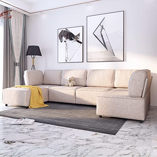 Sectional Sofa Couch, Units of Modular Sectional Couch with Linen Fabric, 1 Seat Free Combine into Convertible U Shaped Couches with Reversible Ottoman for Living Room（Light Grey）