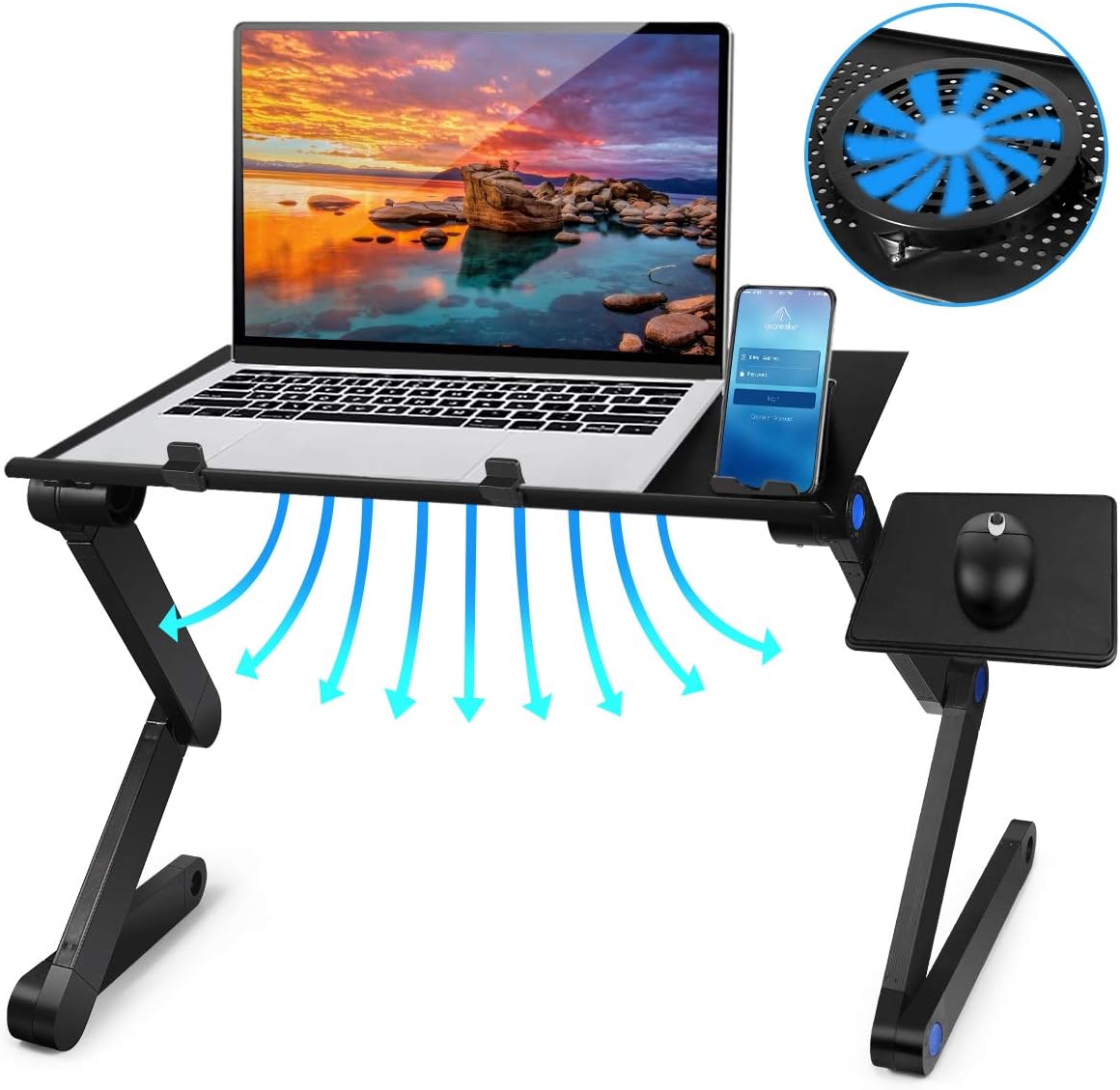 Laptop Desk for Bed, 2021 Upgraded Laptop Stand with Large Cooling Fan & Mouse Pad, Foldable Aluminum Office Laptop Desk for Bed/Sofa/Couch Lap Tray