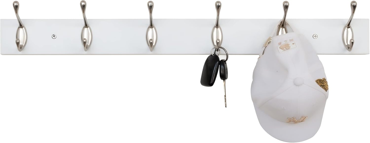 Wall Mounted Coat Rack 24 Inches with 6 Hooks - 2 Pack, Wall Coat Hooks Wall Hat Hanger, Satin Nickel & White