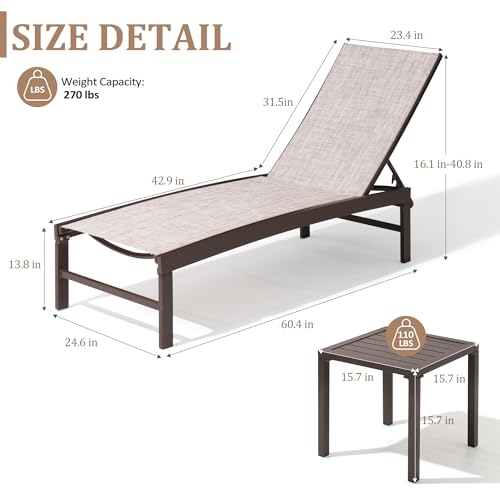 Patio Chaise Lounge Chair Set, 3PCS Outdoor Recliner Lounge Chair with Side Table, All Weather Chaise with 5 Adjustable Backrest and Lay Flat Positions for Garden, Balcony, Pool