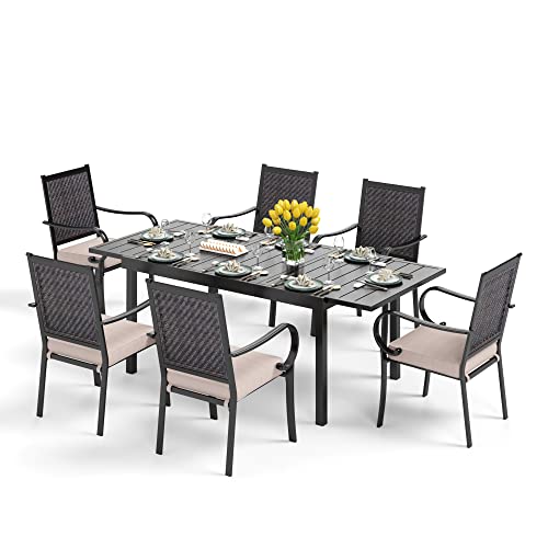PHI VILLA 9 Piece Outdoor Extendable Dining Set for 8, Expandable Rectangular Metal Dining Table & 8 Rattan Chairs for Patio, Deck, Yard