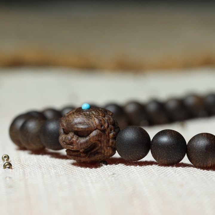 Brunei Agarwood 8mm Prayer Beads with Embedded Green Turquoise and South Red Lotus Pods, Honey-Sweet Aroma, 90% Aged